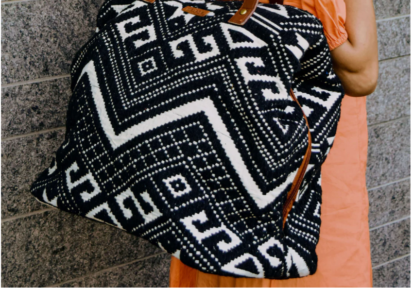 Black Aztec Jacquard Tote Bag with Colorful Tassels – Boho Cotton Handbag with 3 Pockets – Large Travel, Diaper or Overnight Bag