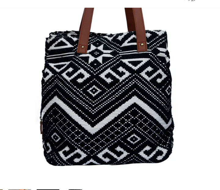 Black Aztec Jacquard Tote Bag with Colorful Tassels – Boho Cotton Handbag with 3 Pockets – Large Travel, Diaper or Overnight Bag